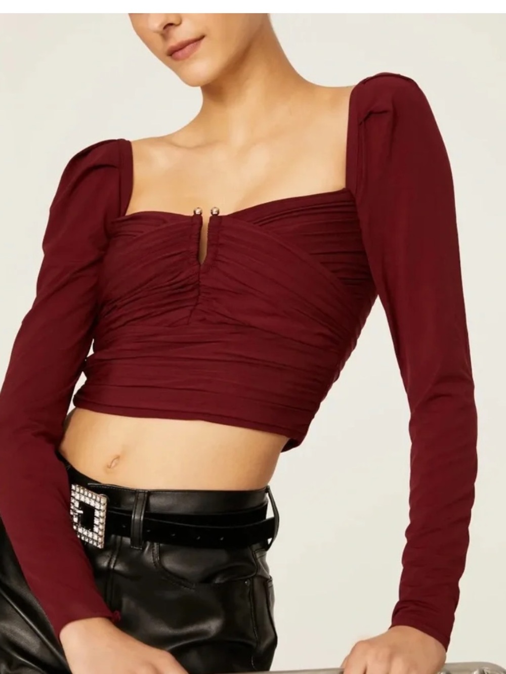 Self portrait Long Sleeve Ruched Crop Top in Burgundy
